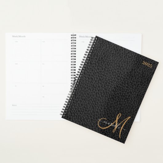 Gouden Monogram Faux Zwart Leer Wekelijks Maandeli Planner (Display)