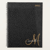 Gouden Monogram Faux Zwart Leer Wekelijks Maandeli Planner (Voorkant)