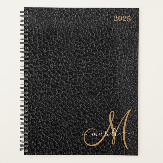 Gouden Monogram Faux Zwart Leer Wekelijks Maandeli Planner (Voorkant)