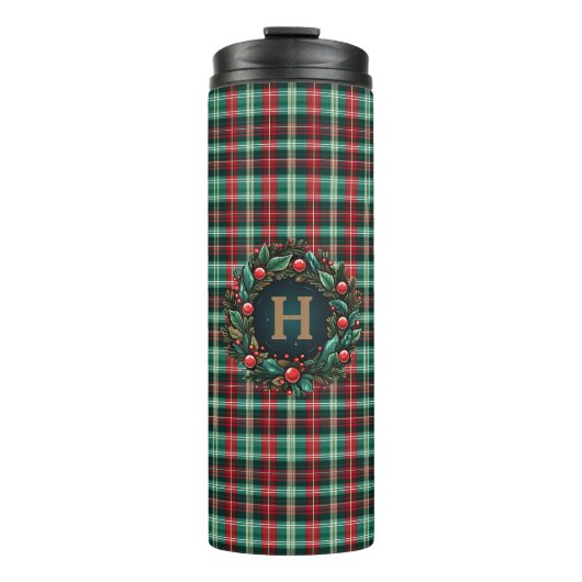 Gouden Monogram Feestelijk Groen Rood Thermosbeker (Voorkant)