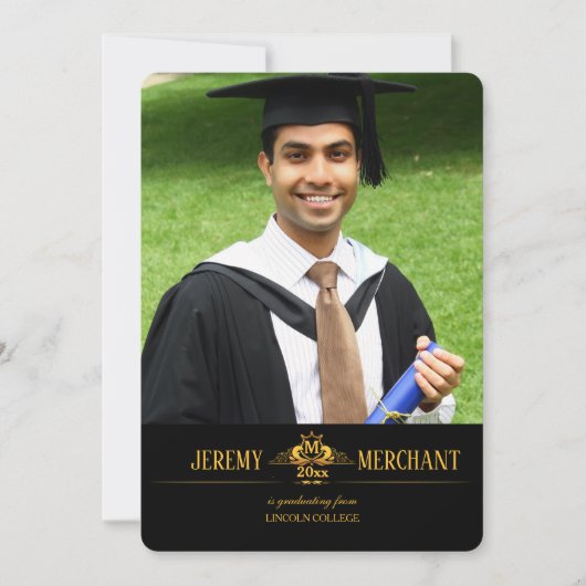 Gouden Monogram Foto Afstuderen Aankondiging/Uitno Kaart (Voorkant)