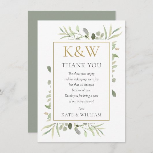 Gouden Monogram groen Baby shower gedicht Bedankkaart (Voorkant / Achterkant)