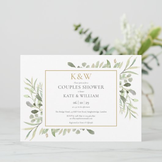 Gouden Monogram Groen Bladerdak Paren Douche Kaart (Staand voorkant)