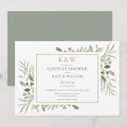 Gouden Monogram Groen Bladerdak Paren Douche Kaart (Voorkant / Achterkant)