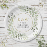 Gouden Monogram Groen Feest Viering Papieren Bordje<br><div class="desc">Met delicate waterverf bladeren,  dit chique botanische papier bord kan worden gepersonaliseerd met uw monogram en speciale boodschap. Perfect voor bruiloften,  vrijgezellenfeesten,  baby showers,  doop,  verlovingsfeesten,  jubileumvieringen en verjaardagsbijeenkomsten. Ontworpen door Thisnotme©</div>