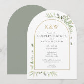 Gouden Monogram Groen Paren Douche Boog Kaart (Voorkant / Achterkant)