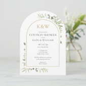 Gouden Monogram Groen Paren Douche Boog Kaart (Staand voorkant)