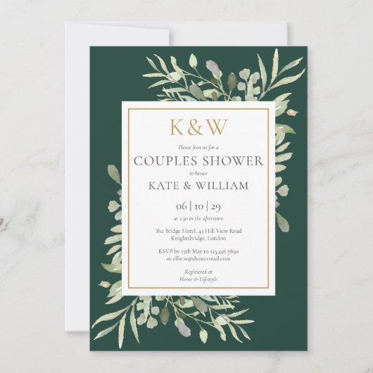 Gouden Monogram groen smaragd koppels douche Kaart (Voorkant)