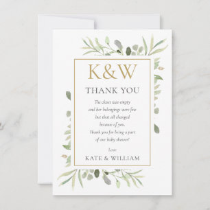 Gouden Monogram Groene Baby Shower Gedicht Bedankkaart