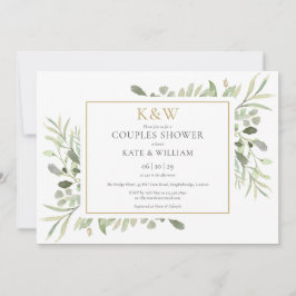 Gouden Monogram Groene Blad Bruidspaar Borrel Kaart