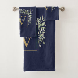 Gouden Monogram Groene Bloemen Navyblauw Bad Handdoek