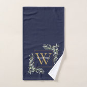 Gouden Monogram Groene Bloemen Navyblauw Bad Handdoek (Handdoek)