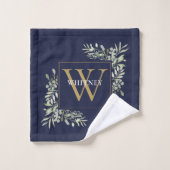 Gouden Monogram Groene Bloemen Navyblauw Bad Handdoek (Wasdoekje)