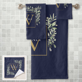 Gouden Monogram Groene Bloemen Navyblauw Bad Handdoek