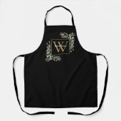 Gouden Monogram Groene Bloemrijke Elegante Zwarte  Schort (Voorkant)