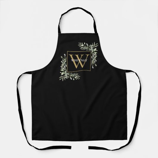 Gouden Monogram Groene Bloemrijke Elegante Zwarte  Schort (Voorkant)