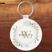 Gouden Monogram Groene Elegante Script Sleutelhanger (Voorkant)