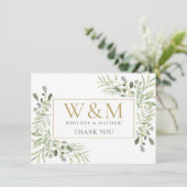 Gouden Monogram Groene Elegantie Bedankkaart (Staand voorkant)