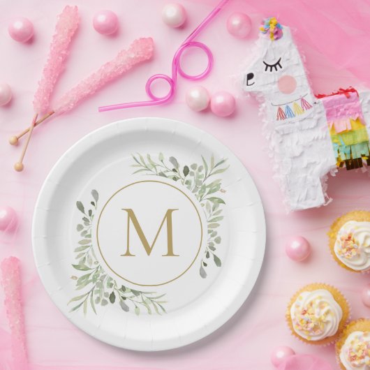 Gouden Monogram Groene Eucalyptus Blad Papieren Bordje (Feest)