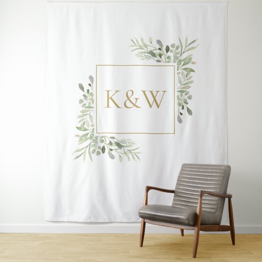 Gouden Monogram Groene Fotohal Backdrop Wandkleed (In situ)