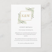 Gouden Monogram Groene Huwelijks Gast Details Informatiekaartje (Voorkant)