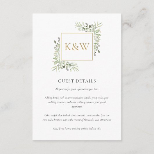 Gouden Monogram Groene Huwelijks Gast Details Informatiekaartje (Voorkant)