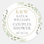 Gouden Monogram Groene Huwelijksfeest voor Koppels Ronde Sticker (Voorkant)