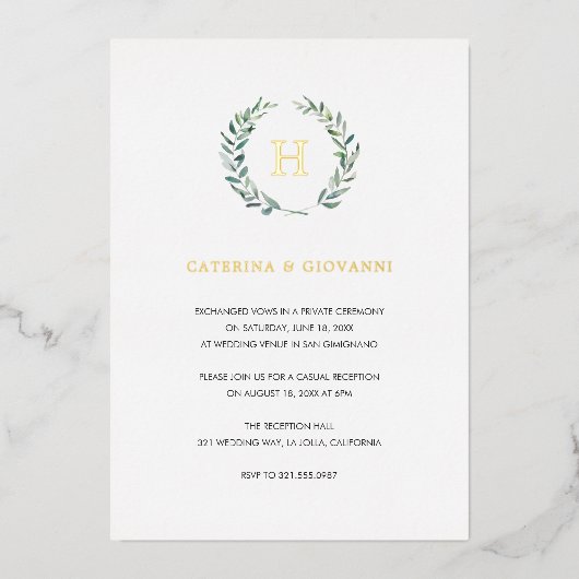 Gouden Monogram Groene Planten Rustieke Trouwrecep Folie Uitnodiging (Voorkant)