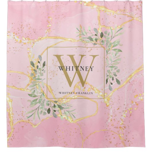 Gouden Monogram Groene Roze Agate Geode Douchegordijn (Voorkant)