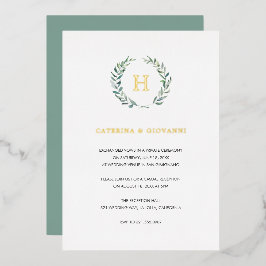 Gouden Monogram Groene Rustieke Trouwreceptie Folie Uitnodiging