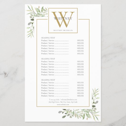 Gouden Monogram Groene Salon Service Menu (Voorkant)