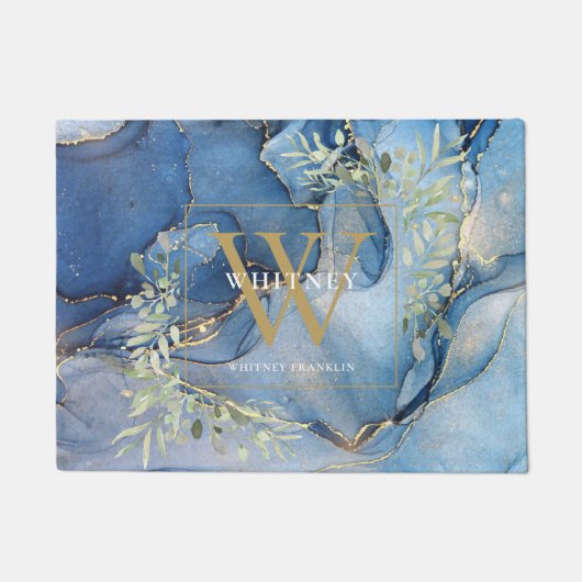 Gouden Monogram Groenelementen Blauwe Agaat Geode  Deurmat (Voorkant)