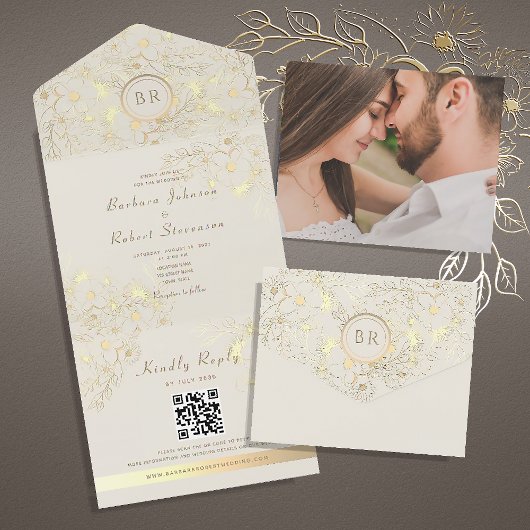 Gouden Monogram Huwelijks QR Code All In One Uitnodiging