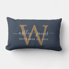 Gouden Monogram Huwelijksdatum Donkerblauw Kussen