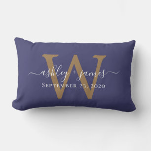 Gouden Monogram Huwelijksdatum Navyblauw Kussen