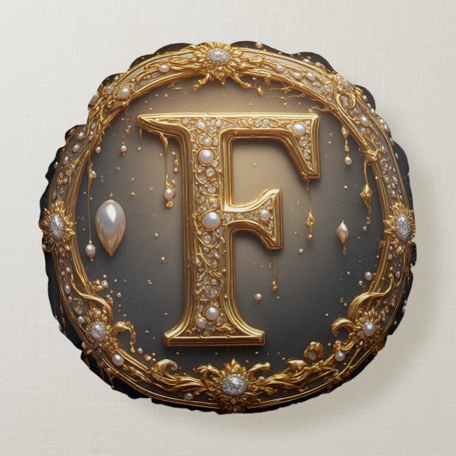 Gouden Monogram Initiaal F Rond Kussen (Voorkant)