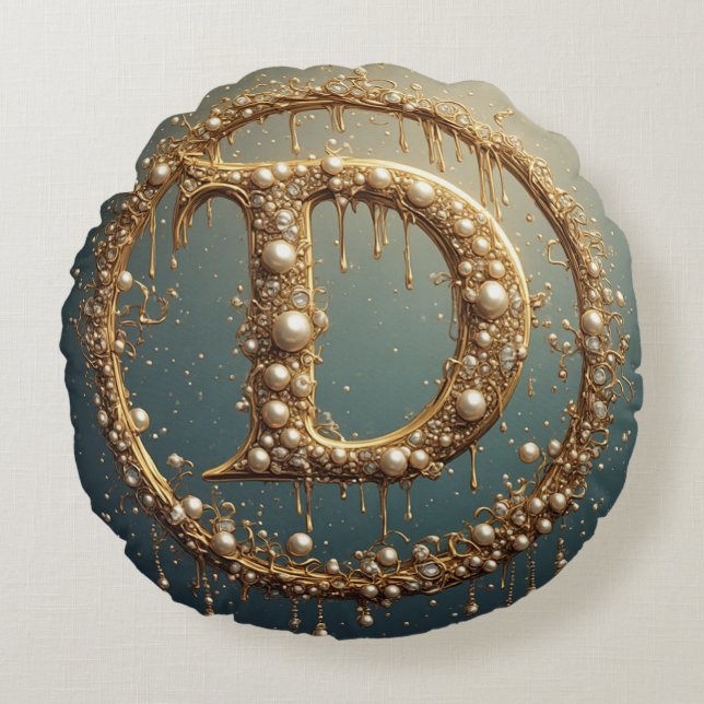 Gouden Monogram Initiaal Letter D Rond Kussen (Voorkant)