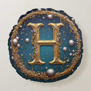 Gouden Monogram Initiaal Letter H Rond Kussen