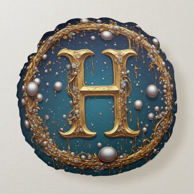 Gouden Monogram Initiaal Letter H Rond Kussen (Voorkant)