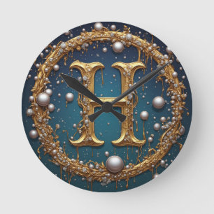 Gouden Monogram Initiaal Letter H Ronde Klok