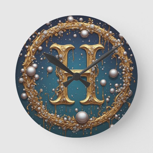 Gouden Monogram Initiaal Letter H Ronde Klok (Voorkant)
