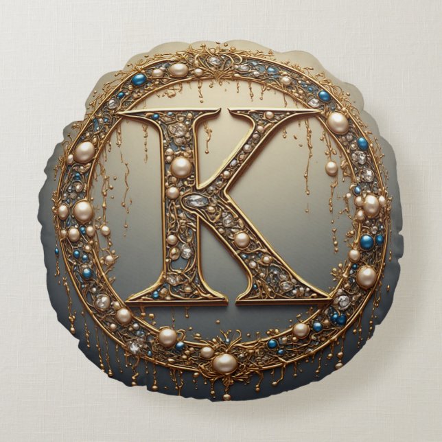 Gouden Monogram Initiaal Letter K Rond Kussen (Voorkant)