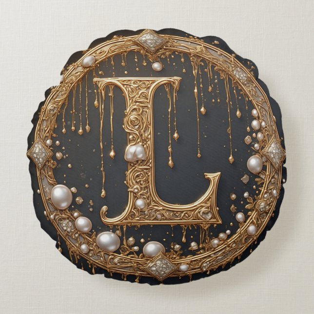 Gouden Monogram Initiaal Letter L Rond Kussen (Voorkant)