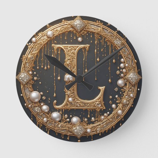 Gouden Monogram Initiaal Letter L Ronde Klok (Voorkant)