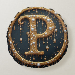 Gouden Monogram Initiaal Letter P Rond Kussen