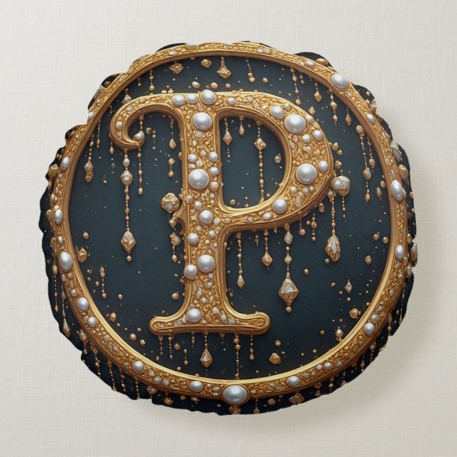 Gouden Monogram Initiaal Letter P Rond Kussen (Voorkant)