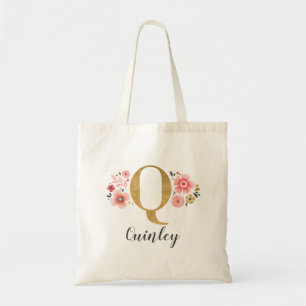 Gouden Monogram Initiaal Letter "Q" Floral Tote Bag