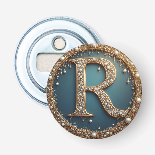 Gouden Monogram Initiaal Letter R Button Flesopener (Voorkant)