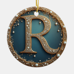 Gouden Monogram Initiaal Letter R Keramisch Ornament