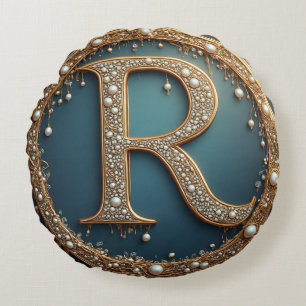 Gouden Monogram Initiaal Letter R Rond Kussen